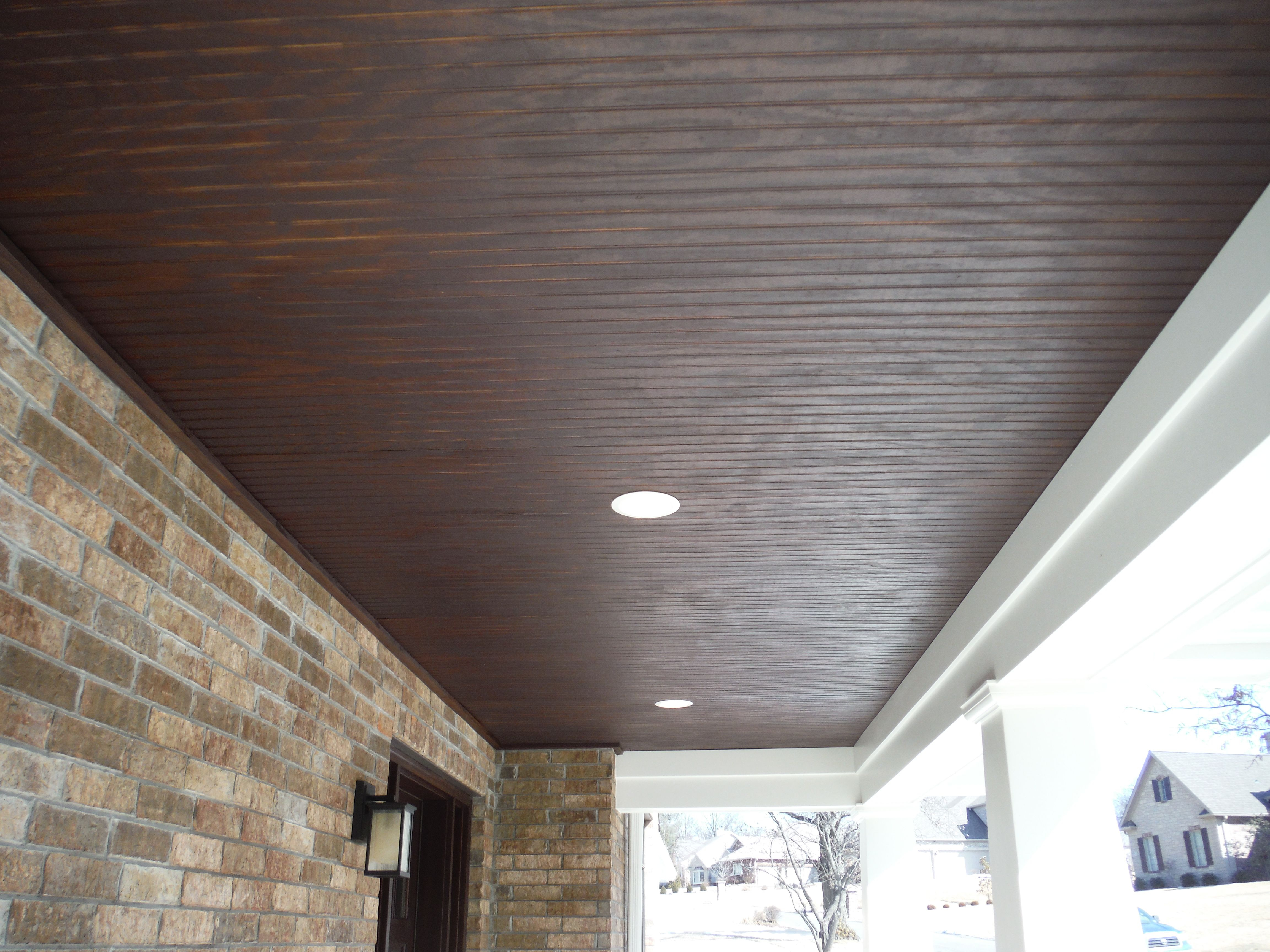 Close Up Of The Stained Wood Custom Porch Ceiling Monterey Taupe for