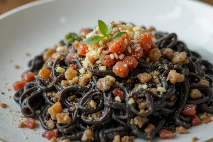 Black Pasta Dish With Toppings