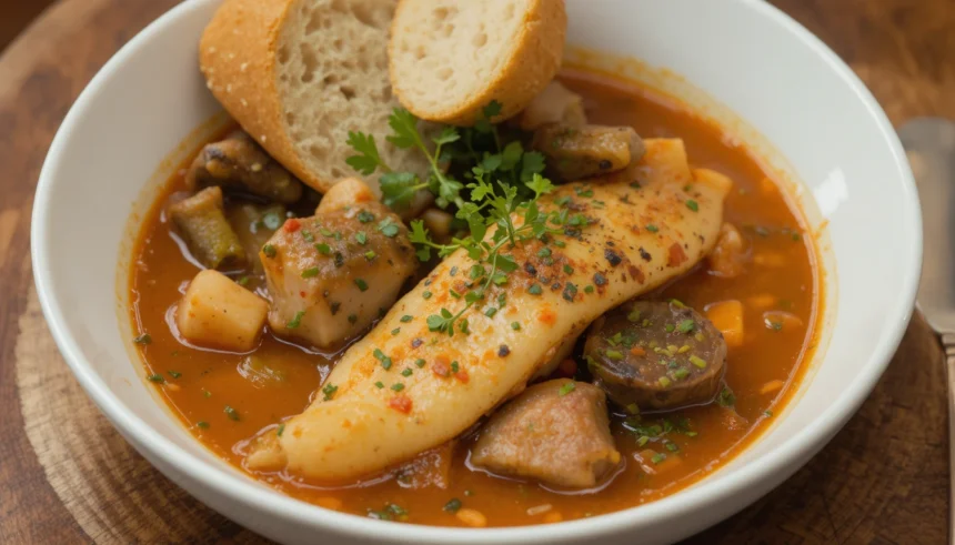Bowl Of Fish Stew With Bread