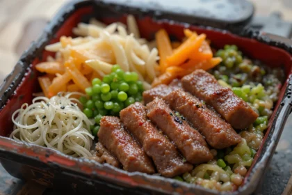 Japanese Bento Box With Beef And Vegetables