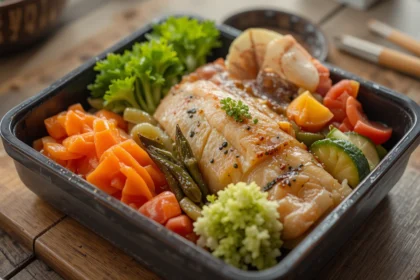 Japanese Bento Box With Fish And Vegetables