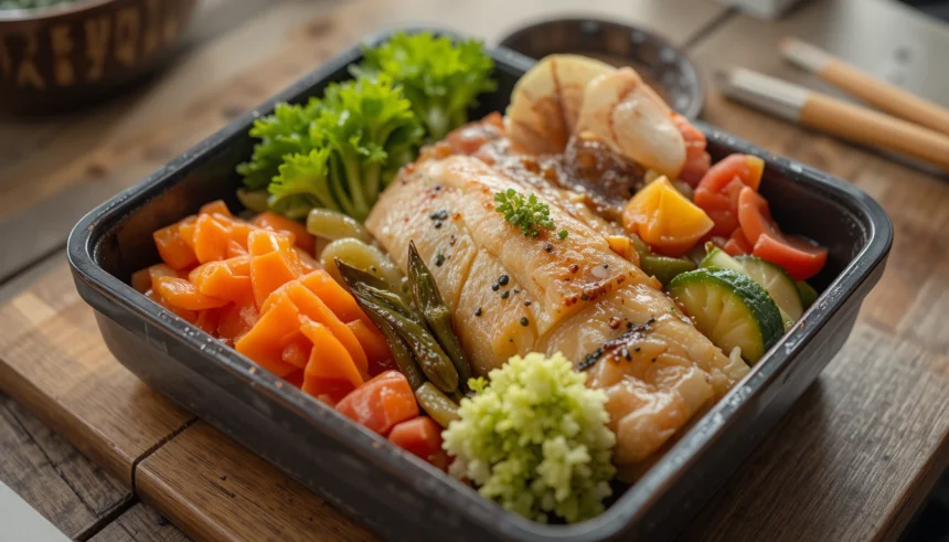 Japanese Bento Box With Fish And Vegetables