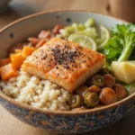 Japanese Rice Bowl With Fish And Vegetables