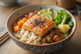 Japanese Rice Bowl With Fish And Vegetables
