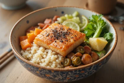 Japanese Rice Bowl With Fish And Vegetables