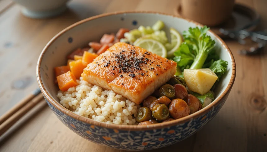 Japanese Rice Bowl With Fish And Vegetables