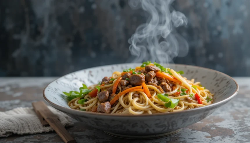 Bowl Of Noodles With Beef And Vegetables