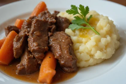 Plate Of Beef With Mashed Potatoes And Carrots