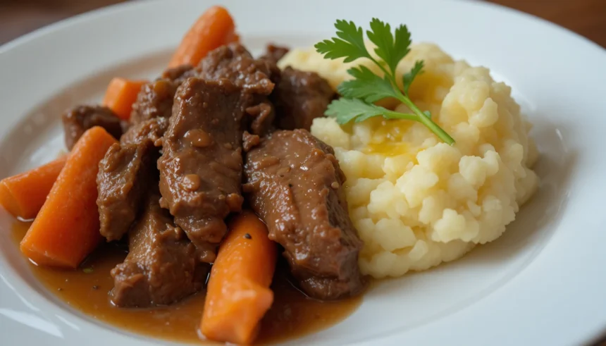 Plate Of Beef With Mashed Potatoes And Carrots
