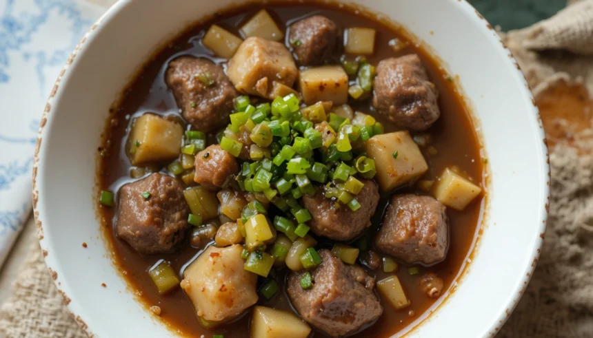 Bowl Of Beef Stew With Green Onions