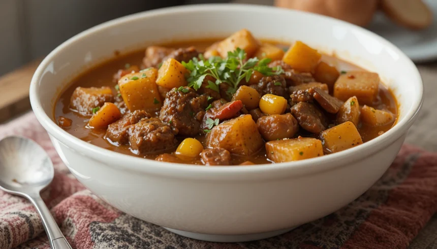 Bowl Of Beef Stew With Corn And Potatoes