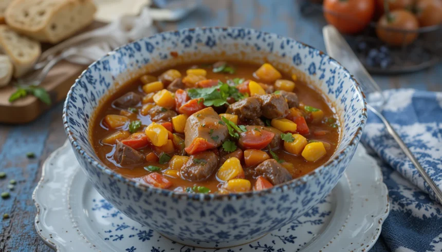 Bowl Of Beef Stew With Corn And Tomatoes