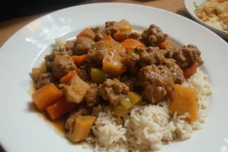 Plate Of Beef Stew With Rice And Vegetables