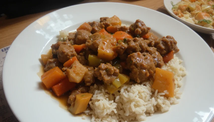 Plate Of Beef Stew With Rice And Vegetables