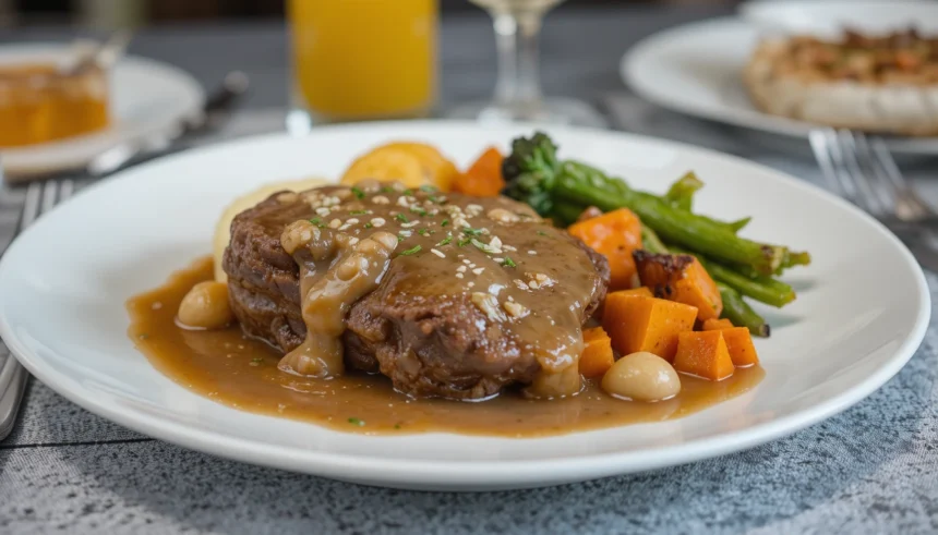 Plate Of Beef With Gravy And Vegetables