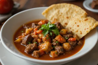 Bowl Of Beef Stew With Tortillas