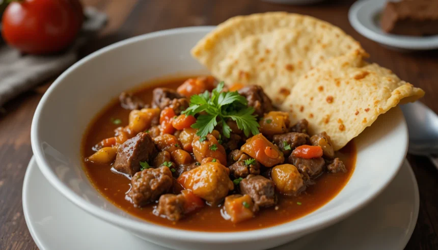 Bowl Of Beef Stew With Tortillas