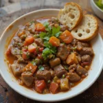 Bowl Of Beef Stew With Bread And Salad