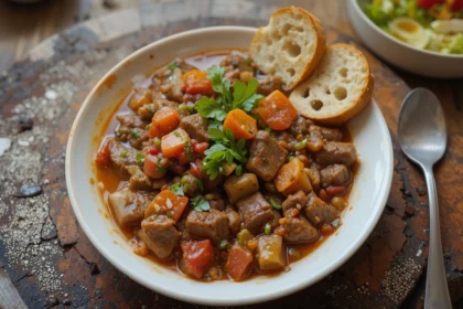 Bowl Of Beef Stew With Bread And Salad