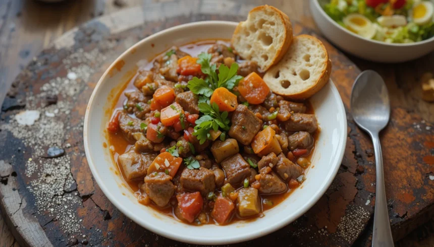 Bowl Of Beef Stew With Bread And Salad