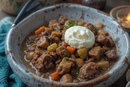 Bowl Of Beef Stew With Sour Cream