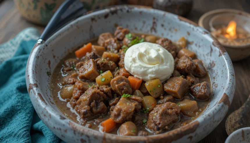 Bowl Of Beef Stew With Sour Cream