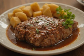 Plate Of Beef With Potatoes And Sauce