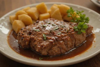 Plate Of Beef With Potatoes And Sauce