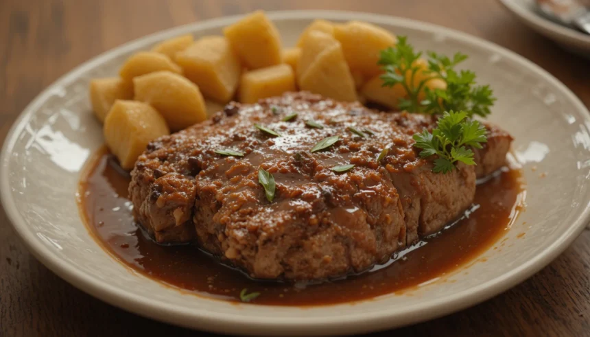 Plate Of Beef With Potatoes And Sauce