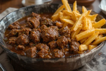 Bowl Of Beef Stew With Fries