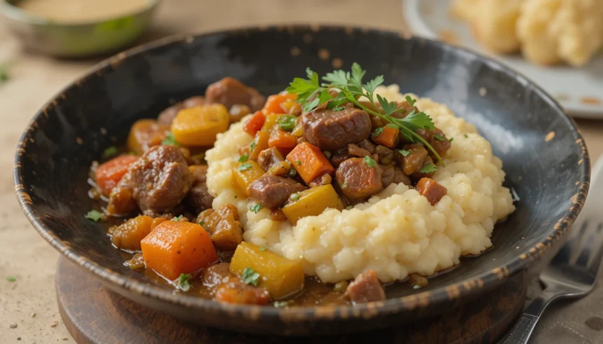 Beef Stew With Vegetables And Mashed Potatoes